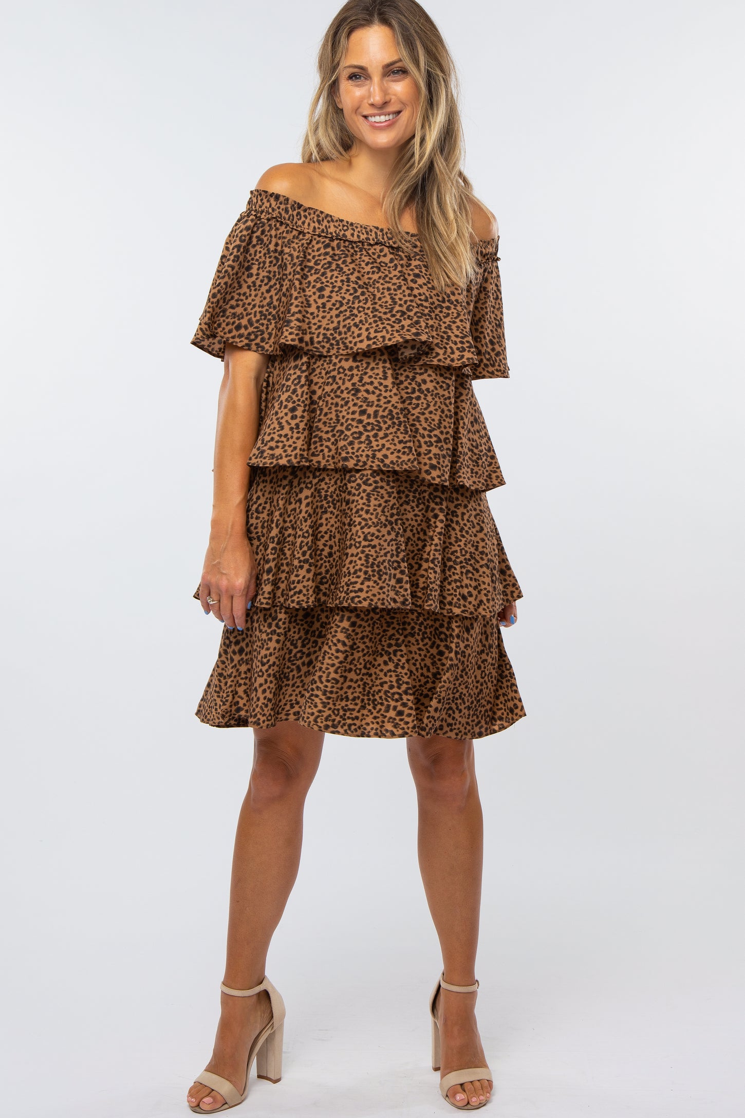 Brown Leopard Print Off Shoulder Tiered Dress