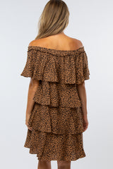 Brown Leopard Print Off Shoulder Tiered Dress
