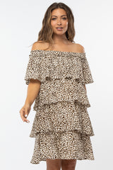 Cream Leopard Print Off Shoulder Tiered Maternity Dress