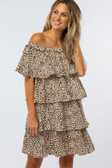 Cream Leopard Print Off Shoulder Tiered Dress