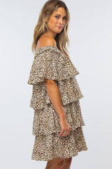 Cream Leopard Print Off Shoulder Tiered Dress