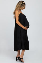 Black Pleated Maternity Midi Dress
