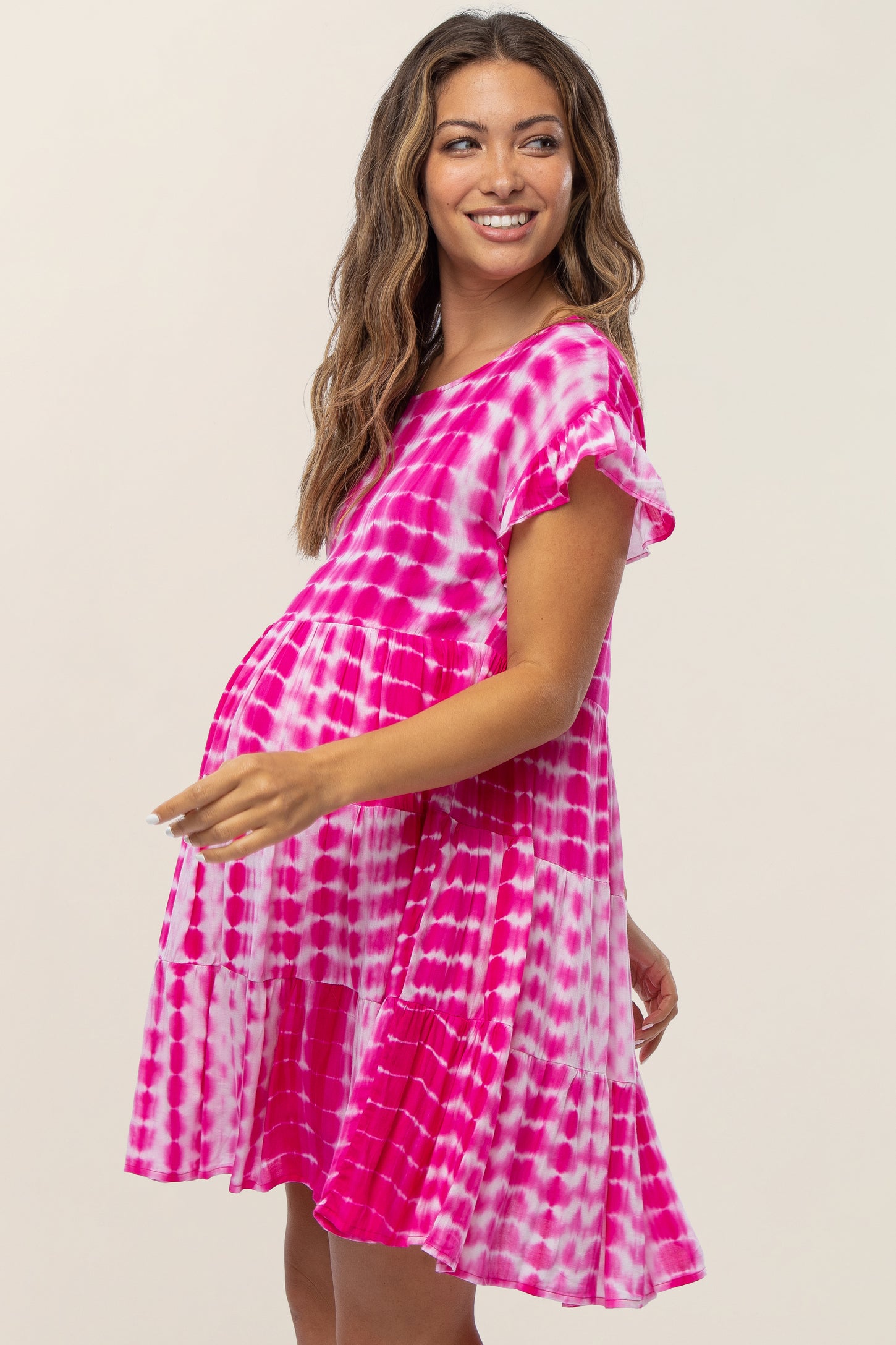 Fuchsia Tie Dye Pleated Ruffle Tier Maternity Dress