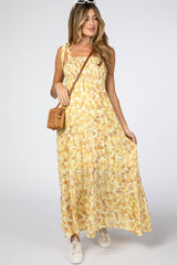 Yellow Floral Smocked Tie Strap Maternity Maxi Dress