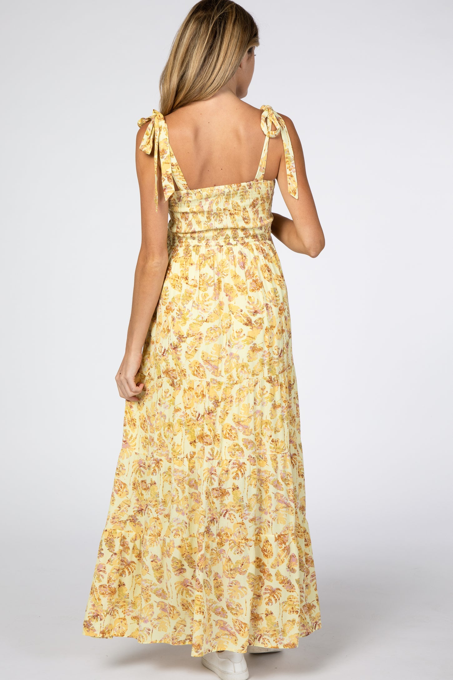 Yellow Floral Smocked Tie Strap Maternity Maxi Dress