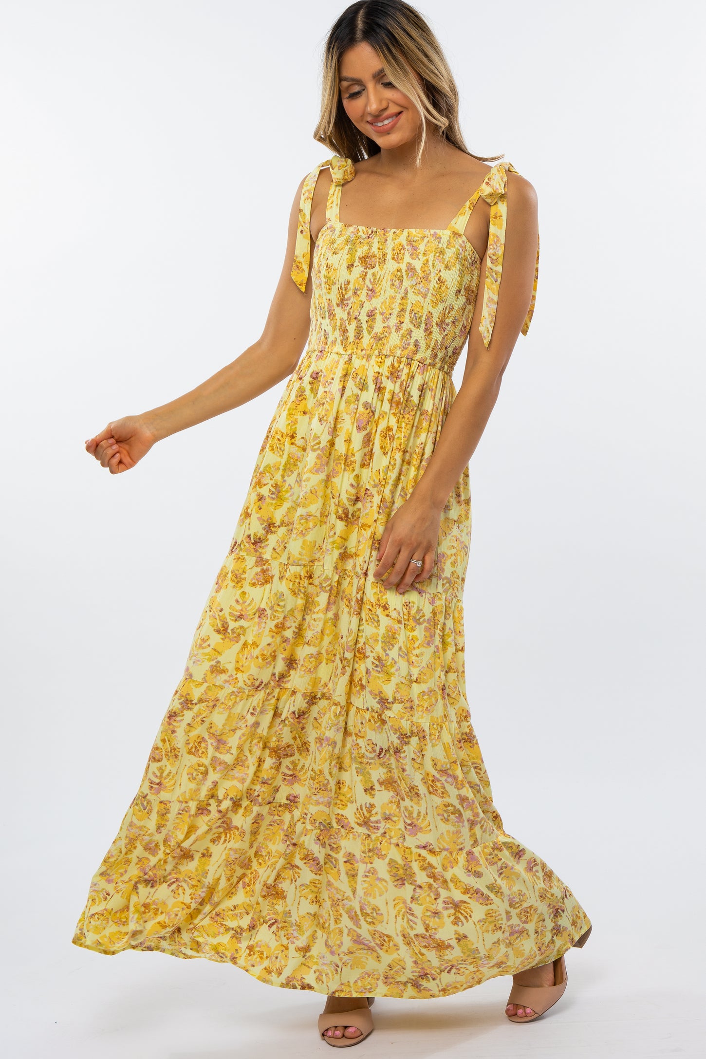 Yellow Floral Smocked Tie Strap Maxi Dress
