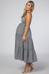 Black Checkered Tiered Maternity Midi Dress