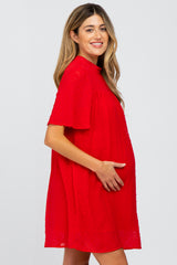 Red Swiss Dot Mock Neck Maternity Dress