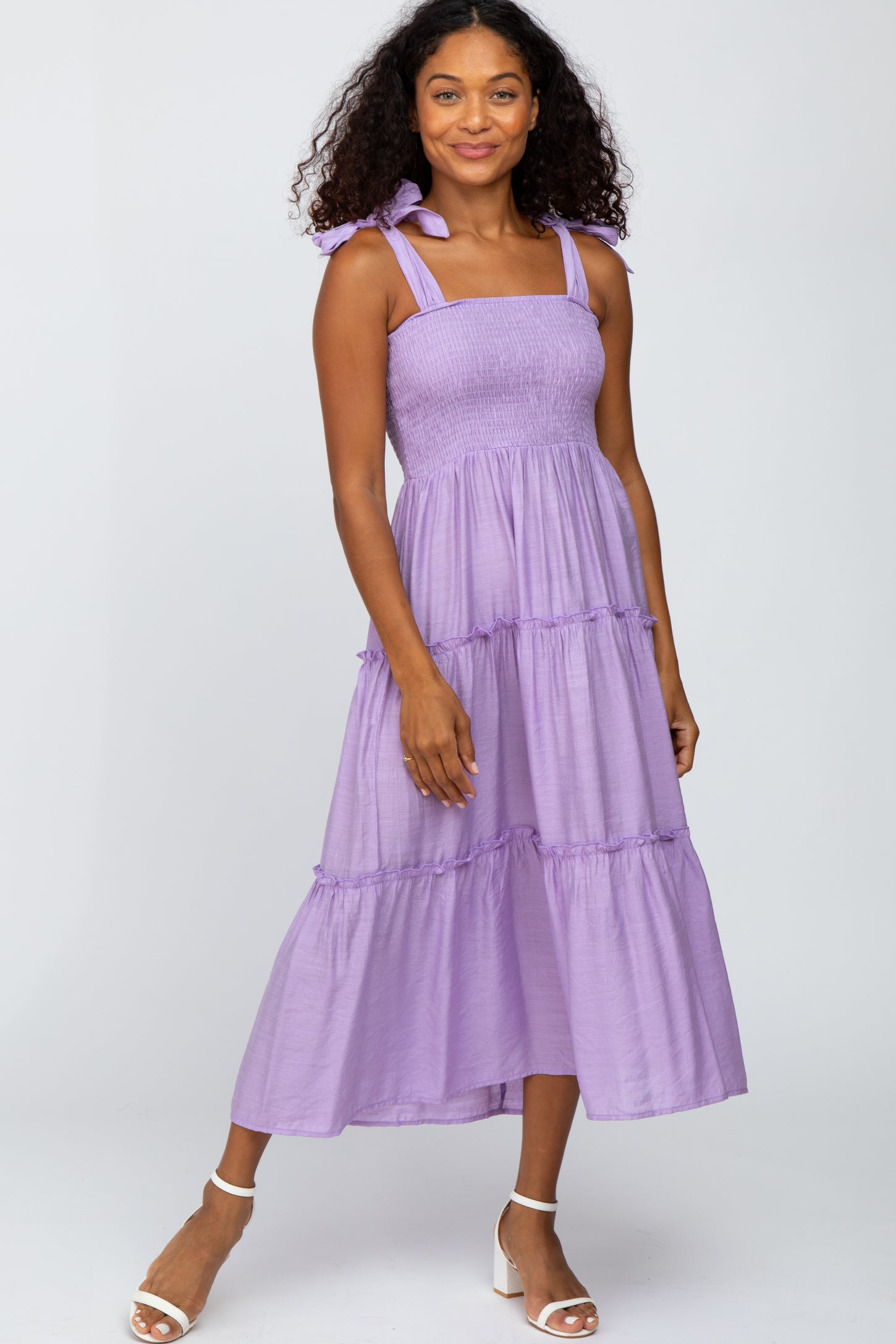 Lavender Shoulder Tie Tiered Midi Dress