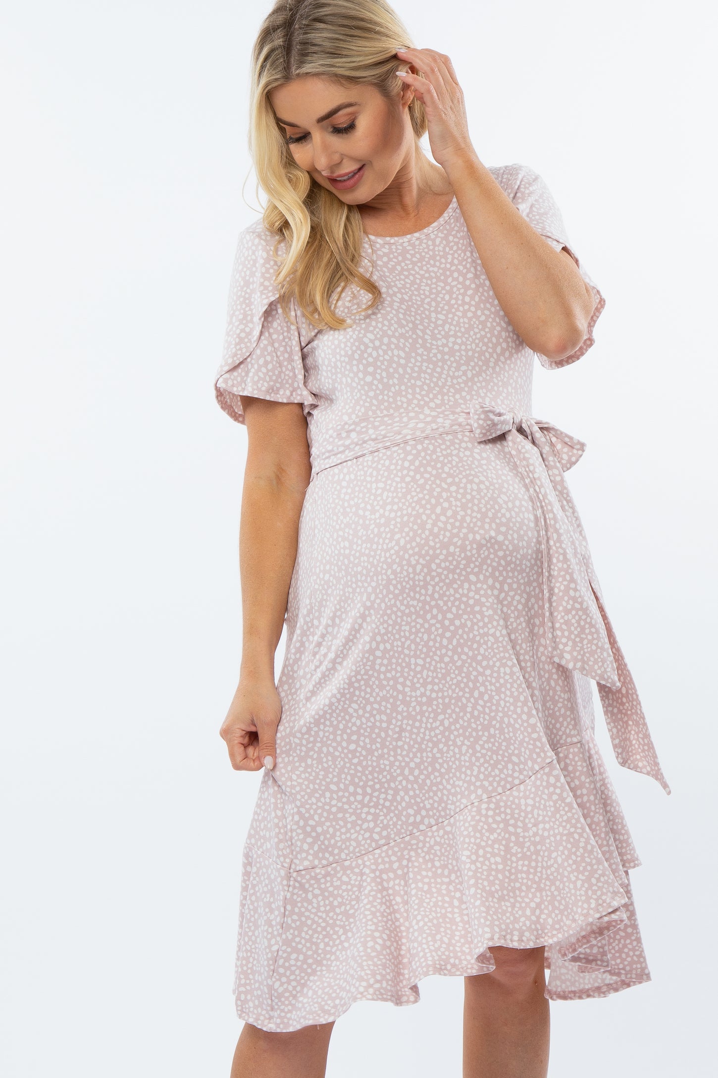 Light Pink Polka Dot Ruffle Maternity Dress