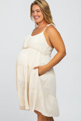 Beige Tiered Shoulder Tie Maternity Plus Dress
