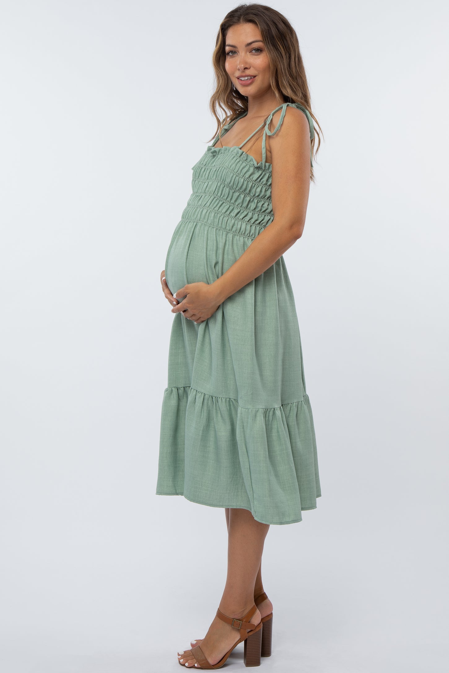 Light Olive Shoulder Tie Smocked Maternity Midi Dress