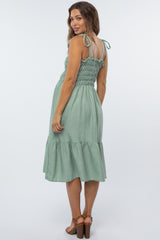 Light Olive Shoulder Tie Smocked Maternity Midi Dress