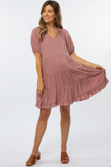 Pink Tiered Split Neck Maternity Dress