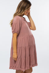 Pink Tiered Split Neck Maternity Dress