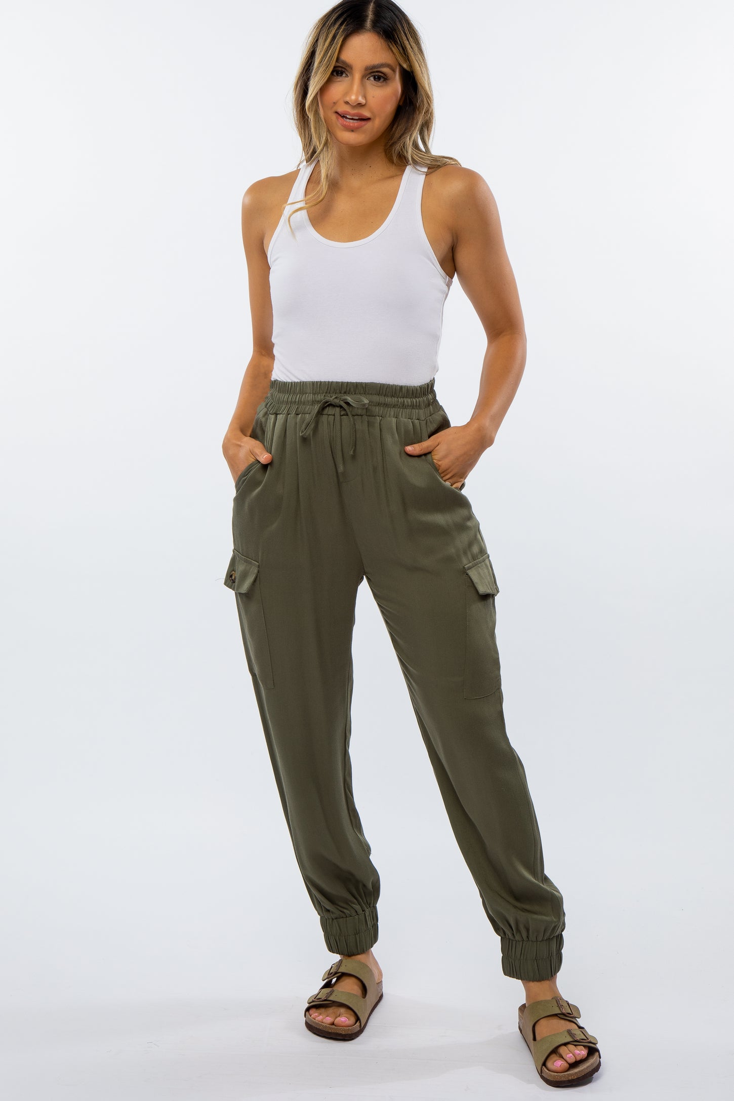 Olive Twill Cargo Jogger Pants