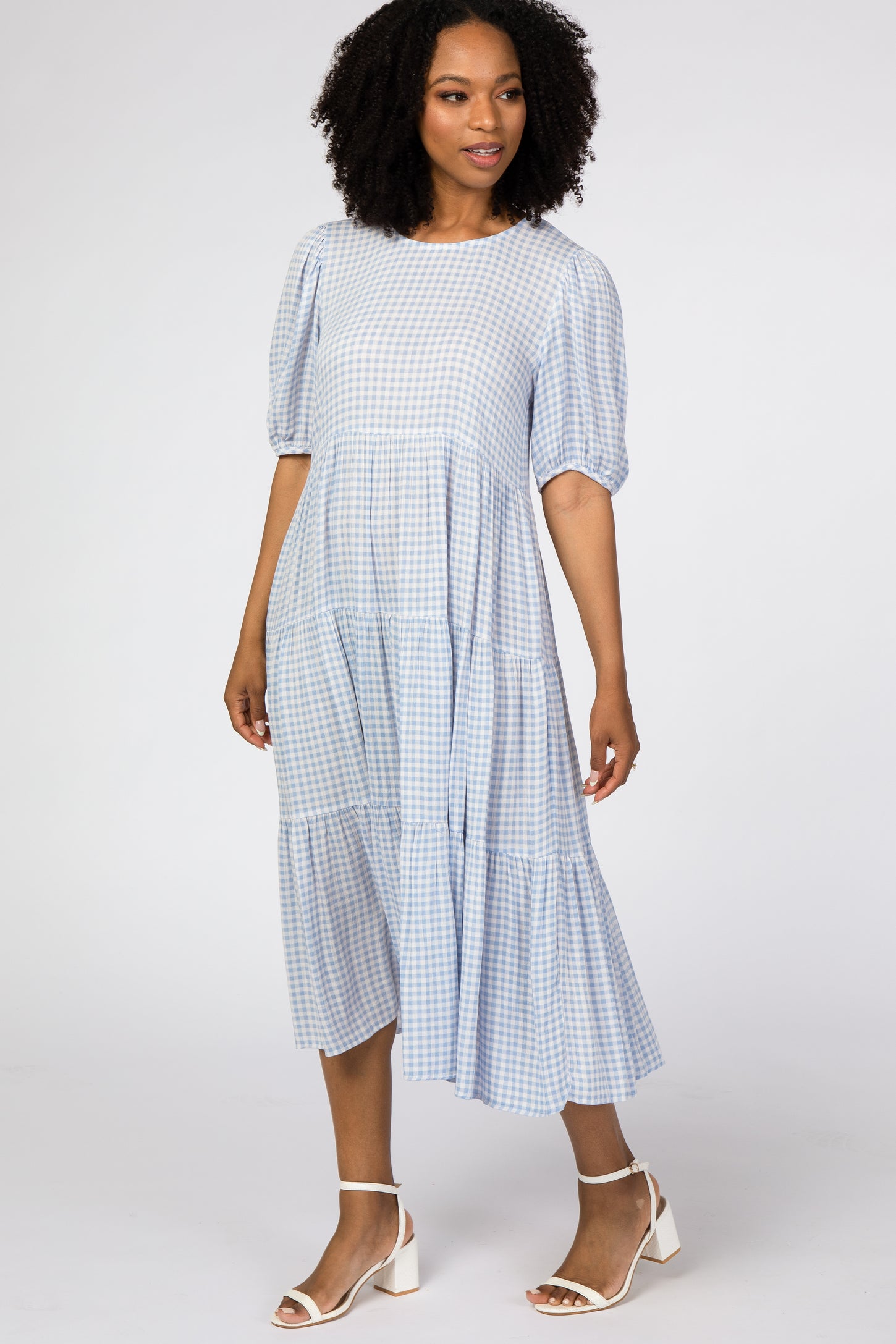 Blue Gingham Tiered Maternity Midi Dress