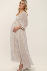 Beige Chiffon Printed Square Neck Empire Maternity Maxi Dress