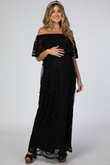 Black Lace Overlay Off Shoulder Flounce Maternity Maxi Dress
