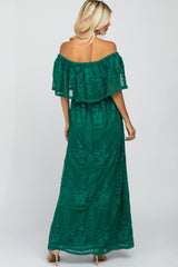 Forest Green Lace Overlay Off Shoulder Flounce Maxi Dress
