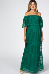 Forest Green Lace Overlay Off Shoulder Flounce Maternity Maxi Dress