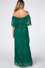 Forest Green Lace Overlay Off Shoulder Flounce Maternity Maxi Dress