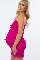 Magenta Cinched Ruffle Accent Smocked Maternity Dress