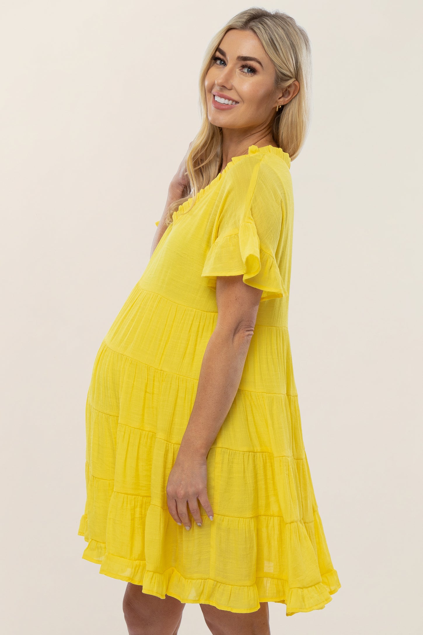 Yellow Tiered Ruffle Accent Maternity Dress