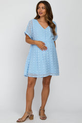 Light Blue V-Neck Swiss Dot Maternity Dress