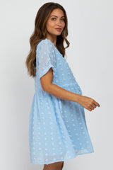 Light Blue V-Neck Swiss Dot Maternity Dress