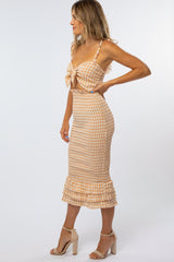 Peach Gingham Bow Front Fitted Dress