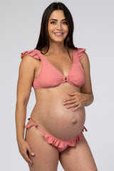 Mauve Ribbed Ruffle Trim Bikini Maternity Set