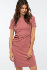 Mauve Ribbed Ruched Side Fitted Short Sleeve Dress