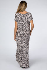 Taupe Leopard Print Curved Hem Maternity Maxi Dress