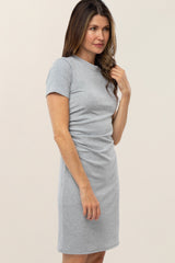 Grey Ribbed Ruched Side Fitted Short Sleeve Dress