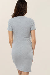 Grey Ribbed Ruched Side Fitted Short Sleeve Dress