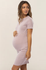 Lavender Ribbed Ruched Side Fitted Short Sleeve Maternity Dress