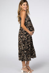 Black Floral Print Tiered Maternity Midi Dress