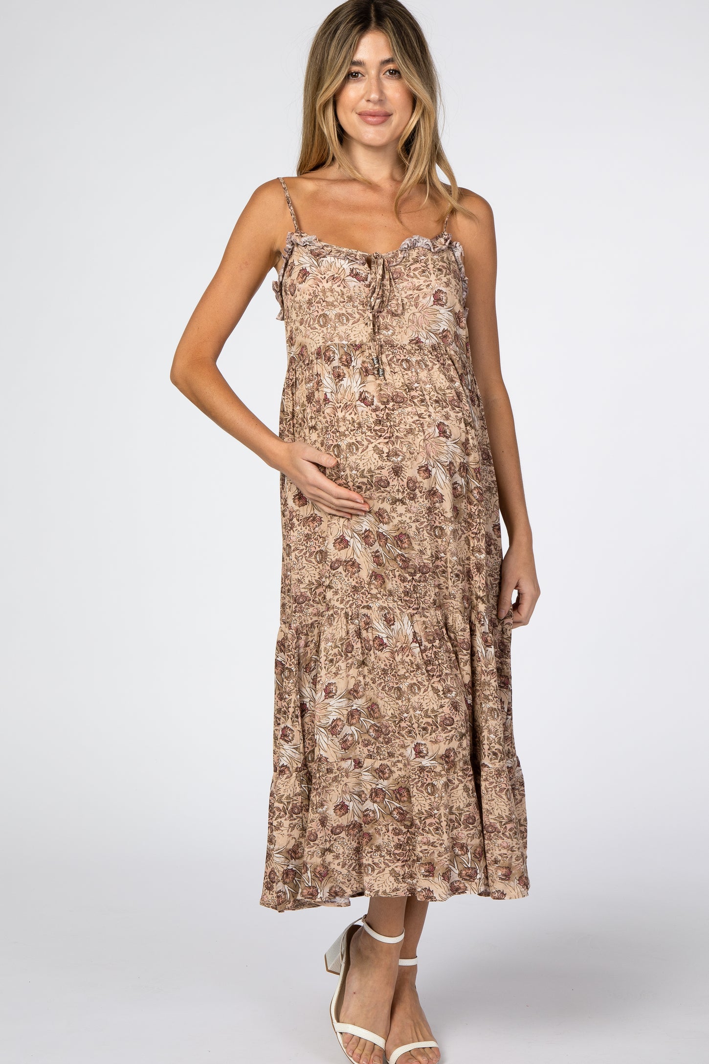 Taupe Floral Print Tiered Maternity Midi Dress
