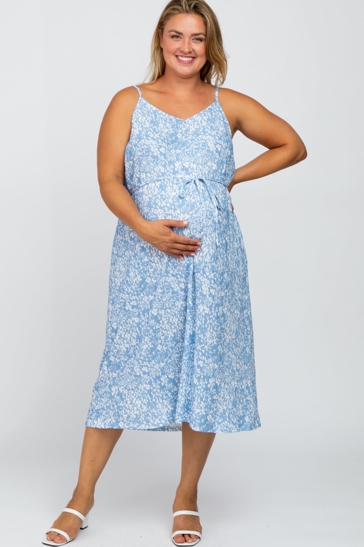 Blue Floral Pleated Maternity Plus Midi Dress