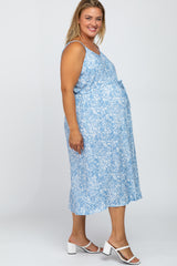 Blue Floral Pleated Maternity Plus Midi Dress
