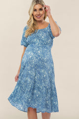 Blue Floral Scoop Neck Bubble Sleeve Maternity Midi Dress