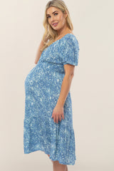 Blue Floral Scoop Neck Bubble Sleeve Maternity Midi Dress