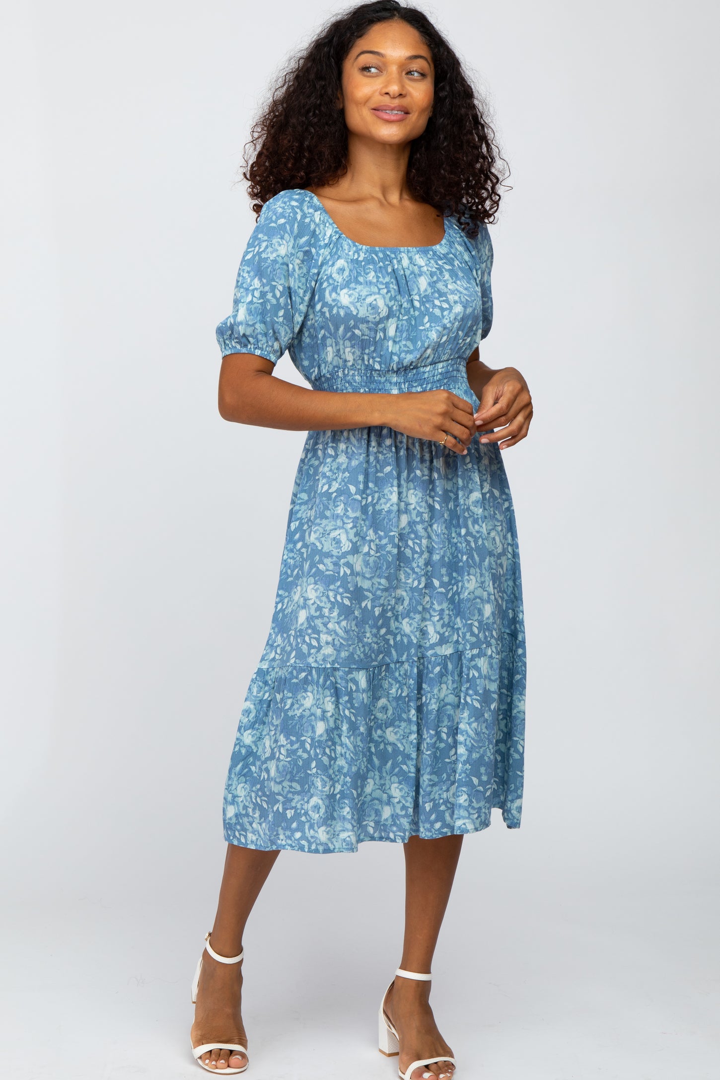Blue Floral Scoop Neck Bubble Sleeve Maternity Midi Dress