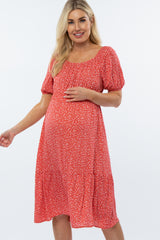 Red Floral Scoop Neck Bubble Sleeve Maternity Midi Dress