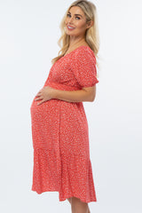 Red Floral Scoop Neck Bubble Sleeve Maternity Midi Dress