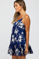 Navy Floral Striped Babydoll Mini Dress