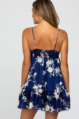 Navy Floral Striped Babydoll Mini Dress