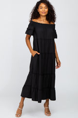 Black Off Shoulder Tiered Maxi Dress