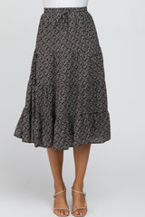Black Floral Print Pleated Tier Midi Skirt